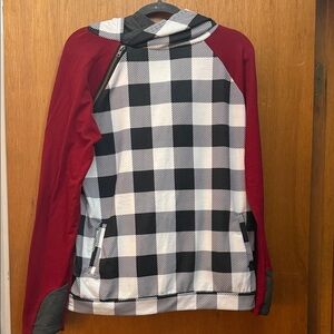 Checkered Hoodie with Red Sleeves and Double Hood